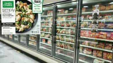Frozen ready meals with GLP-1 friendly packaging on a supermarket shelf