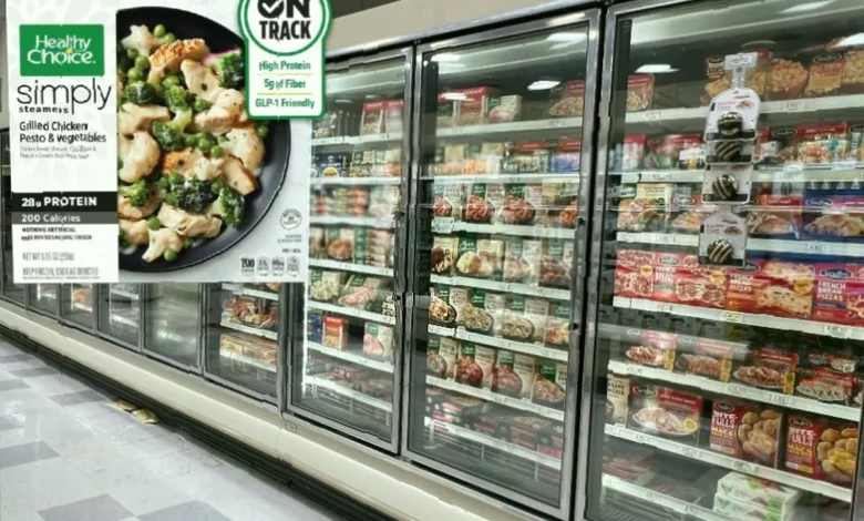 Frozen ready meals with GLP-1 friendly packaging on a supermarket shelf