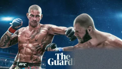 Octagon fighters trade blows with blood droplets flying through the air