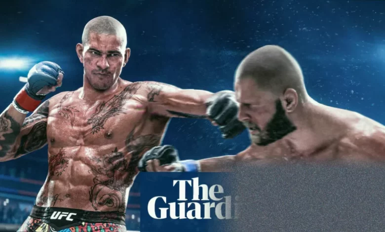 Octagon fighters trade blows with blood droplets flying through the air