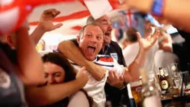 Pub beer garden with large outdoor screen set up for World Cup match viewing