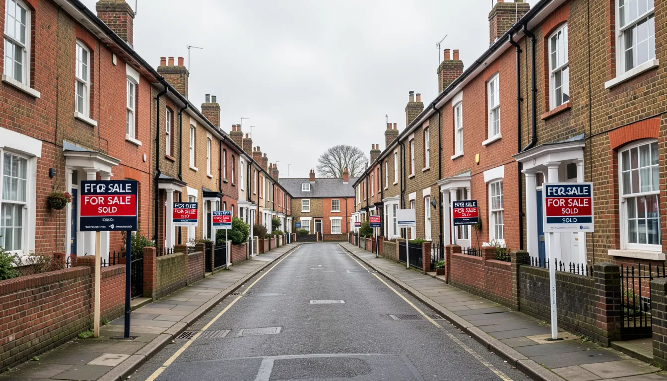 British residential street of brick terraced houses with estate agent For Sale and Sold boards outside