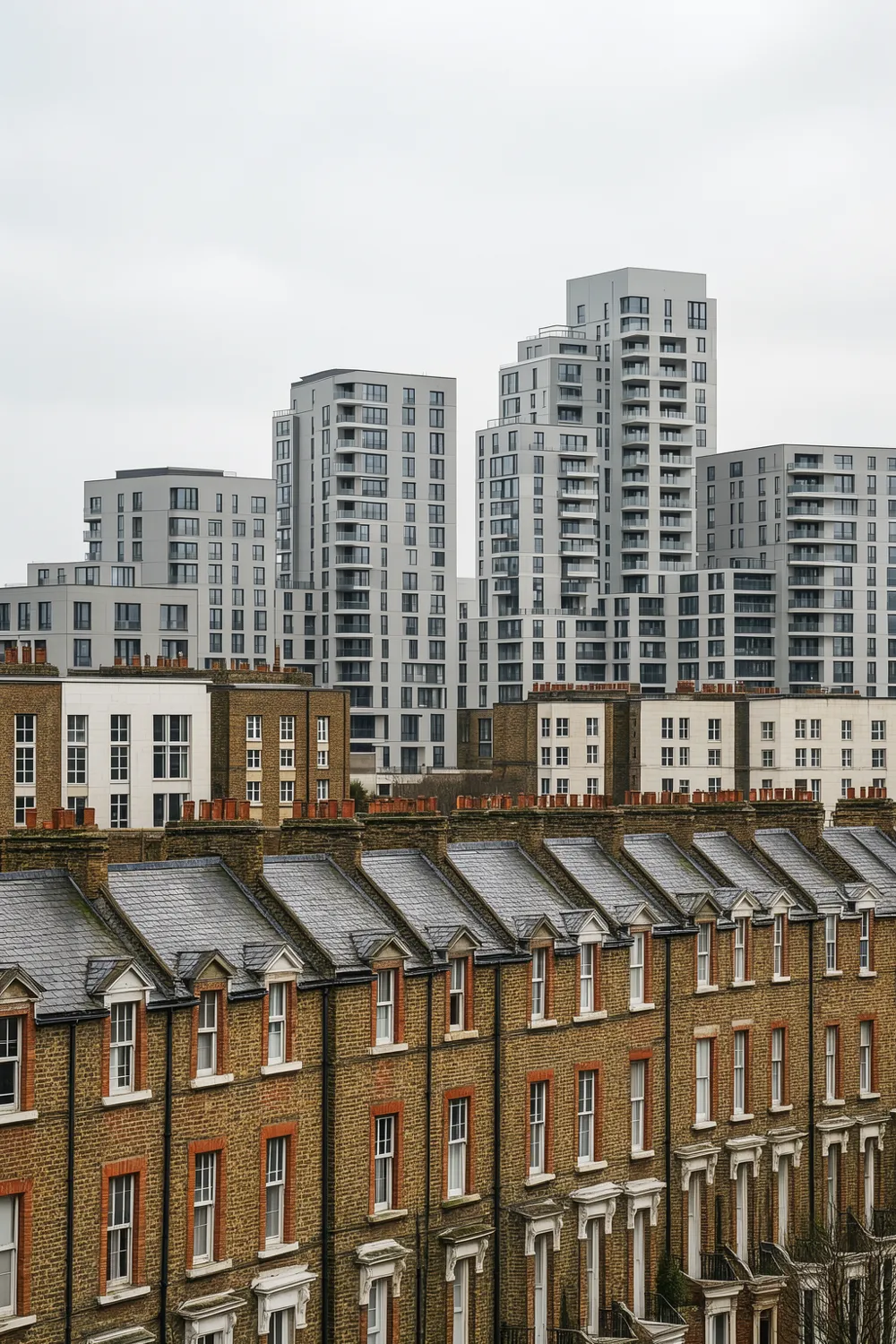 British residential cityscape with Victorian terraced houses and modern new-build housing blocks