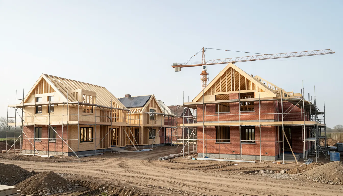 Partially completed new-build housing development in England with timber frames, scaffolding and a crane