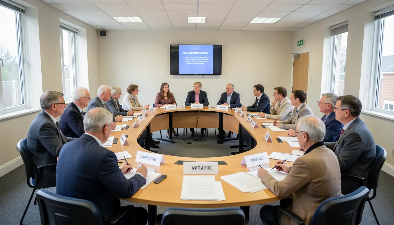 A UK local council planning committee meeting with councillors seated around a table