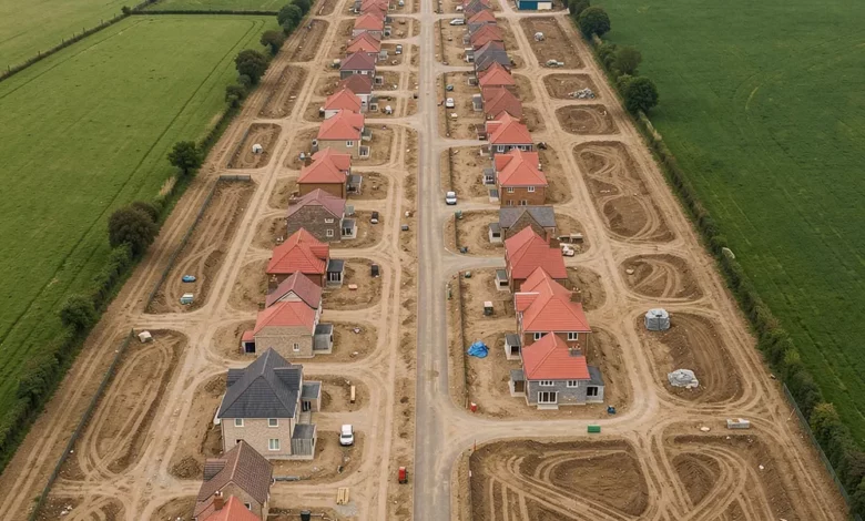 Aerial view of a new housing development under construction in England surrounded by green fields