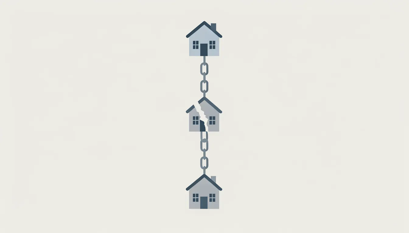 Diagram of a UK property chain shown as linked house icons with one link breaking in the middle