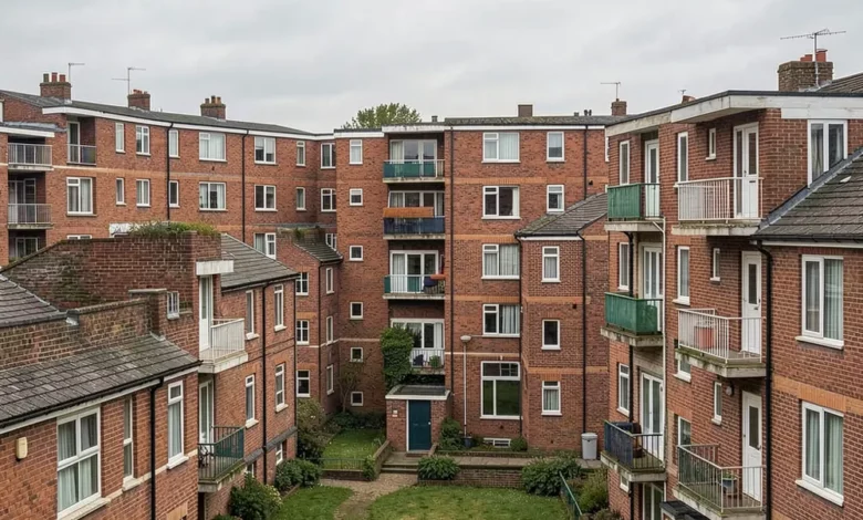 A British social housing estate of low-rise red brick council flats with balconies and a communal green