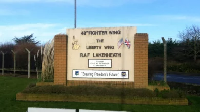 A US F-35 fighter jet parked on the tarmac at RAF Lakenheath airbase in Suffolk