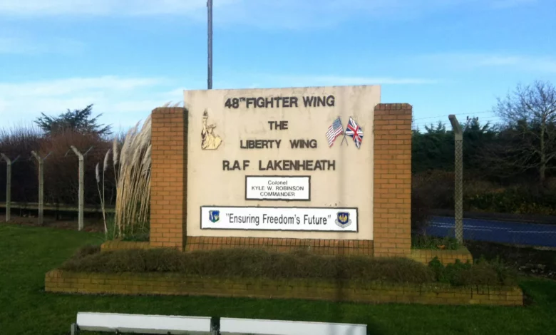 A US F-35 fighter jet parked on the tarmac at RAF Lakenheath airbase in Suffolk