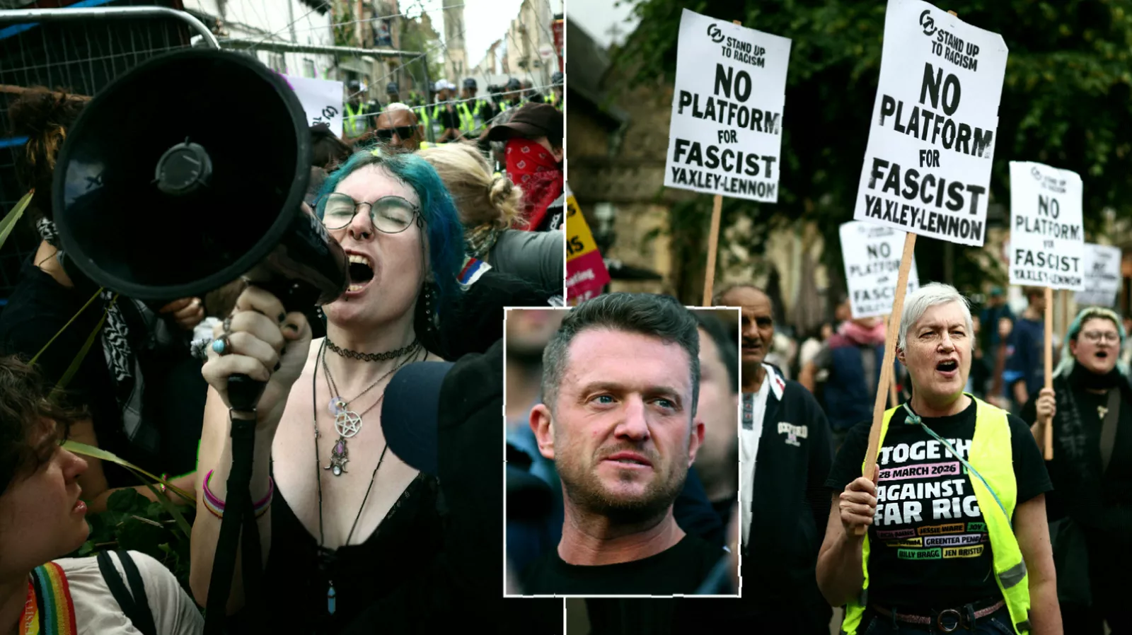 Counter-protesters waving Union Jacks separated from main demonstration by police line