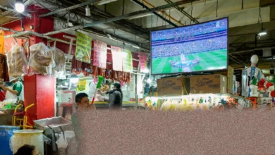 Lakeside table with television showing a World Cup match in France