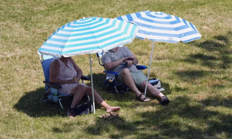 Sunbathers in a park in southern England on a warm weekend day