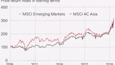 A digital display showing the MSCI Emerging Markets index with dominant technology sector weightings