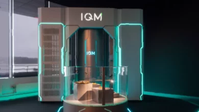 IQM Quantum Computers logo displayed on the Nasdaq building exterior in New York City during its public listing