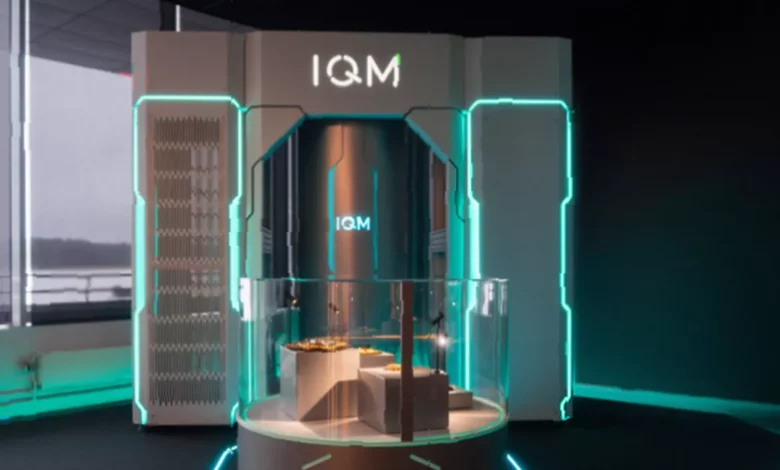 IQM Quantum Computers logo displayed on the Nasdaq building exterior in New York City during its public listing