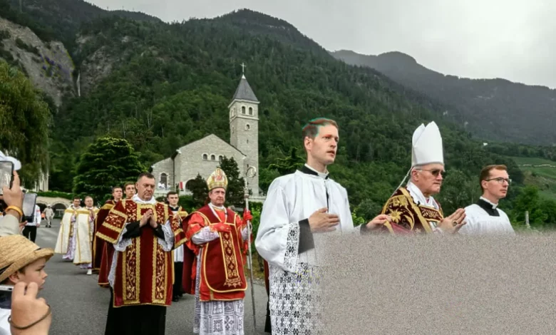 Crowds gathered outside a Swiss chapel during a traditionalist Catholic ordination ceremony